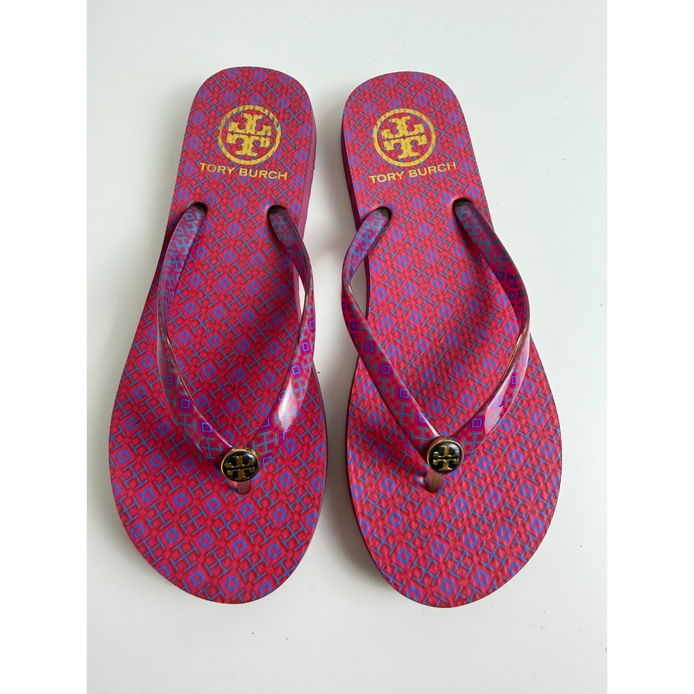 Tory Burch Womens Rubber Flip Flop Sandal 7.5 Pink Purple Logo Medallion Beach